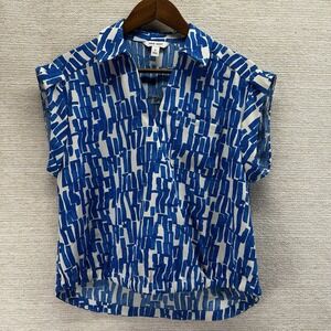 9 West Womens Small Abstract Blue White Preppy Business Career Profesional Top